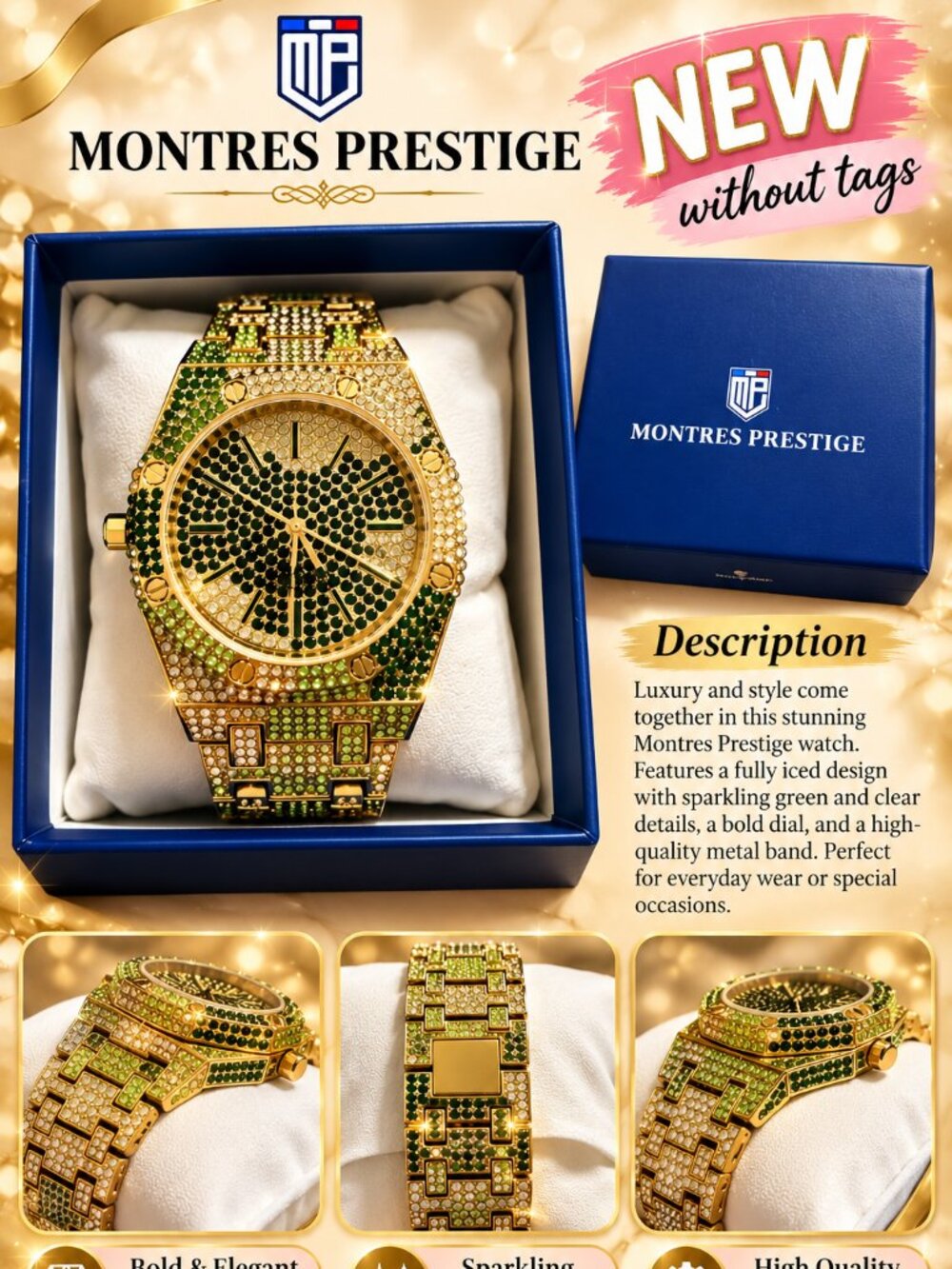 Invicta Montres Prestige Men's Gold Tone and Green Crystal Watch NWOT